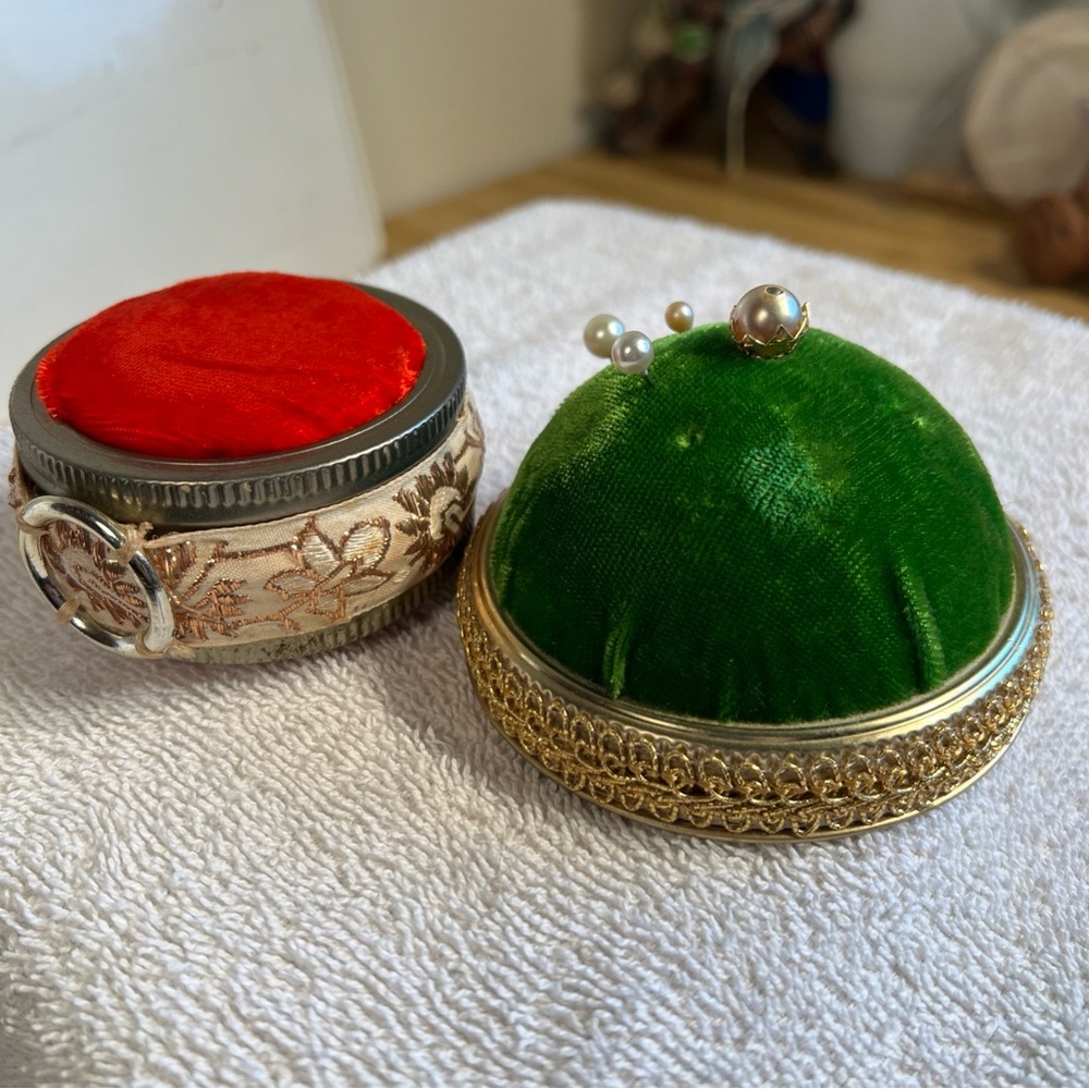 2 Vintage Pin Cushions Mason Jar Lids Round Red & Green Velvet